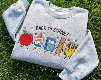 Back to School Embroidered Sweatshirt, Kawaii Teacher Crewneck, Cute School Supplies Sweater, Kindergarten Teacher Gift