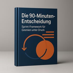 Könnte beinhalten: Ein dunkelblaues Hardcover-Buch mit dem Titel "Die 90-Minuten-Entscheidung" in Weiß. Das Buchcover enthält orangefarbene grafische Elemente und den Untertitel "Sprint-Framework für Gremien unter Druck."