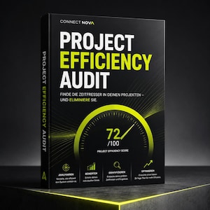Può includere: Un libro nero intitolato Project Efficiency Audit di Connect Nova. La copertina presenta testo bianco e verde lime, un grafico a indicatore che mostra un punteggio di 72/100 e quattro icone etichettate Analysieren, Bewerten, Identifizieren, Optimieren.