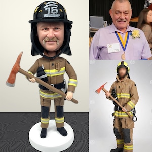 May include: A firefighter bobblehead figurine in a brown uniform with yellow stripes, holding a red and silver axe. The figurine has a black helmet with the number 76. The base is white.