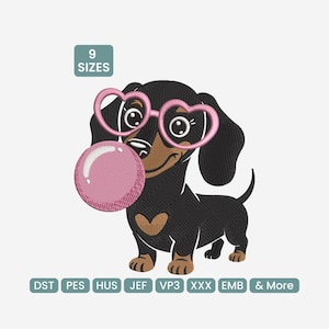 May include: A cartoon illustration of a black and brown dachshund dog wearing pink heart-shaped glasses and blowing a pink bubble. The image includes the text "9 SIZES" and embroidery file formats.