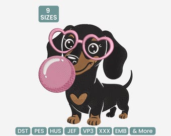 Dachshund Dog with Heart Glasses Embroidery Design – Cute Bubblegum Puppy Machine Embroidery File, 9 Sizes Included, DST, PES