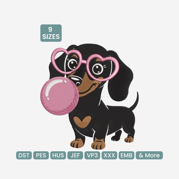 Dachshund Dog with Heart Glasses Embroidery Design – Cute Bubblegum Puppy Machine Embroidery File, 9 Sizes Included, DST, PES