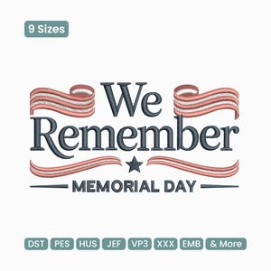 Può includere: Un design con le parole "We Remember Memorial Day" in blu scuro, con accenti a nastro rossi e bianchi. Una stella è centrata sotto la parola "Remember". Il design è disponibile in 9 misure.