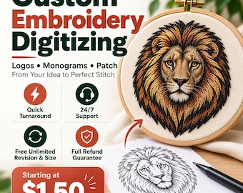 May include: A wooden embroidery hoop containing a detailed stitched lion head with brown and gold thread. Below, a black and white line drawing of a lion head sits on paper next to a black pen. Text includes Custom Embroidery Digitizing.