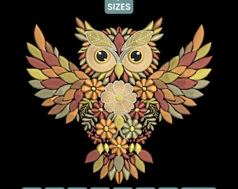 Mosaic Floral Owl Embroidery Design, Colorful Owl Machine Embroidery Pattern PES, Artistic Bird Embroidery, Boho Decor Stitch DST, 9 Sizes
