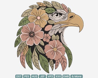 Diseño de bordado de águila floral, pájaro patriótico con flores, archivo de bordado a máquina: DST, PES, JEF, 9 tamaños