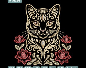 Gothic Cat Floral Embroidery Design, Dark Aesthetic Pet Machine Embroidery Pattern – DST PES JEF, 9 Sizes
