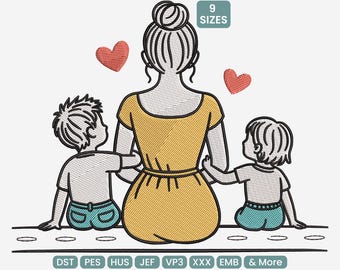 Mom with Kids Embroidery Design, Mother and Child Pattern, Family Love Machine Embroidery File PES VP3 EXP, 9 Sizes