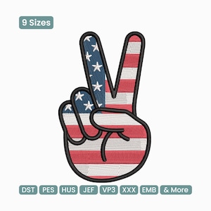 May include: An embroidered peace sign in the shape of a hand, featuring the American flag design. The fingers are outlined in black, with the stripes and stars of the flag filling the hand. The text "9 Sizes" is at the top left.