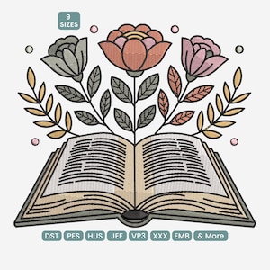 Puede incluir: Diseño bordado de un libro abierto con elementos florales. La imagen muestra tres flores en tonos coral y rosa, con hojas verdes y doradas. El texto "9 Sizes" está en la esquina superior izquierda. La parte inferior de la imagen tiene el texto "DST PES HUS JEF VP3 XXX EMB & More".