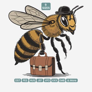 May include: An embroidered design featuring a bee in a bowler hat, holding a briefcase. The bee is depicted in yellow and black with detailed wings. The image includes text indicating 9 sizes and various embroidery formats.