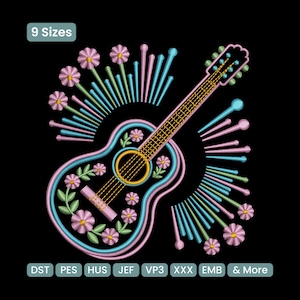 May include: An embroidered guitar design with pink, blue, and green accents on a black background. The design includes floral elements and the text "9 Sizes" and various file formats.