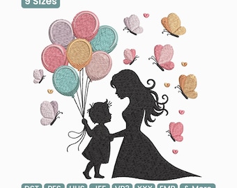 Mother And Child Balloons Embroidery Design, Mother’s Day Silhouette Art Machine Embroidery File – DST PES XXX, 9 Sizes
