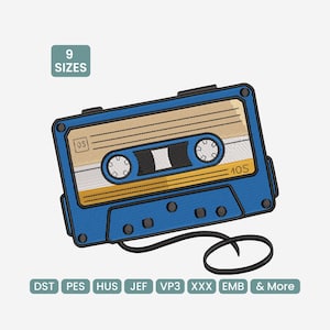 Puede incluir: Diseño de cinta de cassette azul y beige con el texto "40S" y "OS". La imagen también incluye el texto "9 TAMAÑOS" y varias abreviaturas de formatos de archivo. La cinta de cassette tiene un cable negro y está sobre un fondo blanco.