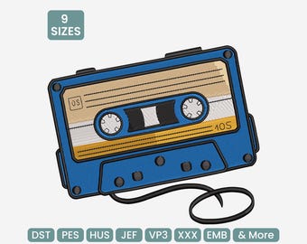 May include: A blue and tan cassette tape design with the text "40S" and "OS". The image also includes the text "9 SIZES" and various file format abbreviations. The cassette tape has a black cord and is set against a white background.