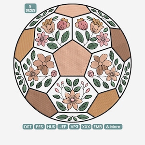 May include: A soccer ball design featuring a floral pattern in shades of peach, brown, and green. The ball's panels are outlined in black, with the text "9 SIZES" at the top. The bottom of the image displays file format abbreviations.