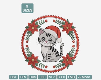 Floral Christmas Cat Santa Hat Embroidery Design (9 Sizes - DST, PES)