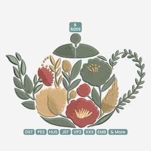 May include: An embroidered design of a teapot filled with flowers and foliage in shades of green, red, and yellow. The design includes the text "9 SIZES" and file type abbreviations.