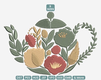 Floral Teapot Embroidery Design, Garden Leaves Blossom Cottage Teacup Pot – PES VP3 JEF, 9 Sizes