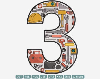 May include: An embroidered number 3 filled with various tools, including a yellow hard hat, wrenches, a hammer, and a toolbox. The design is outlined in black and includes the text "9 SIZES" at the top.