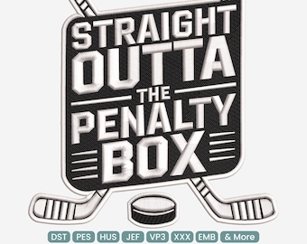 May include: A black and white embroidered patch with the text "STRAIGHT OUTTA THE PENALTY BOX." The design includes two hockey sticks, a hockey puck, and the words "9 SIZES." The patch is suitable for various applications.