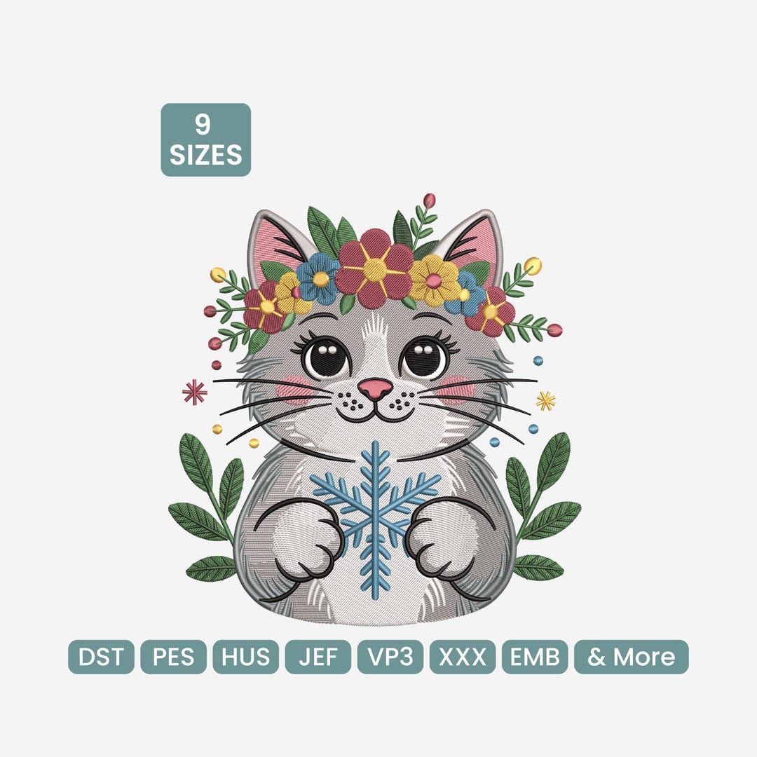 Cat Snowflake Embroidery Design: Christmas Floral Machine File (9 Sizes ...