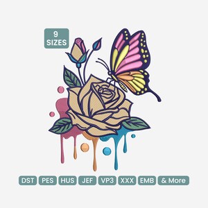 Puede incluir: Diseño bordado con una rosa amarilla con una mariposa y un efecto de pintura goteando en rosa, azul y naranja. El diseño incluye el texto "9 SIZES" y abreviaturas de tipos de archivo.