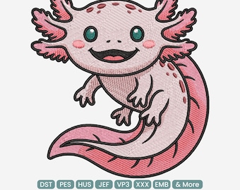 May include: Embroidered design of a smiling axolotl in shades of pink and red, with green eyes and a black outline. The design includes the text "9 SIZES" and file type abbreviations.