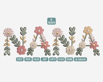 NANA Floral Letters Embroidery Design, Flower Word Grandma Monogram Embroidery Machine File – VP3 DST PES, 9 Sizes
