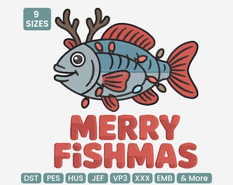 Merry Fishmas Embroidery Design – Funny Christmas Fish Machine Embroidery File, DST, PES, JEF, VP3 & More, 9 Sizes Embroidery Pattern