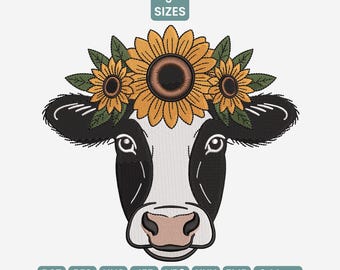 Diseño de bordado de vaca y girasol, patrón floral de animales de granja (PES), bordado rústico de decoración de granja, arte de vaca campestre (DST), 9 tamaños