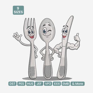 Könnte beinhalten: Ein Stickdesign mit einer Gabel, einem Löffel und einem Messer mit Cartoon-Gesichtern und Armen. Die Gabel winkt, der Löffel zwinkert und das Messer zeigt einen Bizeps. Das Design enthält den Text "9 Größen" und verschiedene Stickdateiformate.