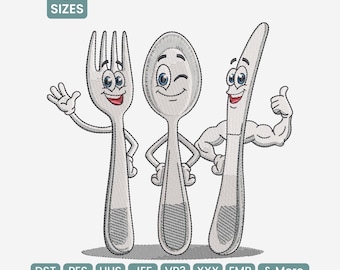 Funny Spoon and Fork Machine Embroidery Design, Cute Kitchen Utensil Pattern DST, Cartoon Cooking Embroidery, Home Chef Art PES, 9 Sizes