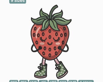 Strawberry Girl Character Embroidery Design, Cute Fruit Cartoon Machine Embroidery Pattern – DST PES VP3, 9 Sizes
