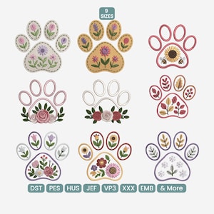 Puede incluir: Nueve diseños bordados de huellas de patas con temas florales y de temporada. Cada huella de pata presenta un arreglo floral diferente, incluyendo girasoles, rosas y hojas de temporada. Los diseños son de varios colores, incluyendo rosa, amarillo y morado.