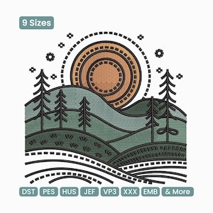 May include: An embroidered landscape design featuring a stylized sun, rolling hills, and pine trees in shades of green and brown. The design includes the text "9 Sizes" and various file format abbreviations.