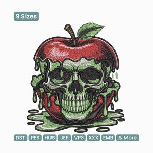 Może przedstawiać: Cyfrowy wzór haftu przedstawiający czerwone jabłko z zielonym wzorem czaszki. Jabłko ma zielony liść i łodygę. Projekt zawiera tekst "9 Rozmiarów" i skróty typów plików.
