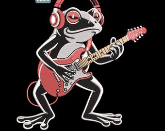 Rock Frog Guitarist Machine Embroidery Design, Music Animal Pattern PES, Funny Rock Frog Embroidery DST, 9 Sizes Included