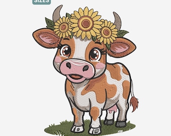 May include: A cartoon cow with brown and white spots, wearing a sunflower crown. The cow has large, expressive eyes and a pink nose. The image includes the text "9 SIZES" and embroidery file formats.