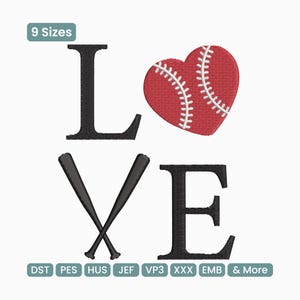 May include: A baseball-themed design featuring the word "LOVE" with a red heart shaped like a baseball, white stitching, and crossed baseball bats. The design includes the text "9 Sizes" and various file format abbreviations.
