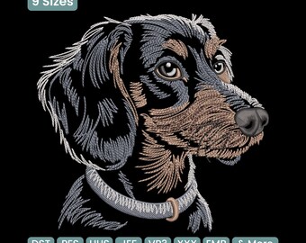 May include: An embroidered portrait of a dachshund dog in profile, featuring detailed stitching in black, gray, and brown. The dog wears a gray collar with a light brown clasp. The image includes the text "9 Sizes" and various file format abbreviations.