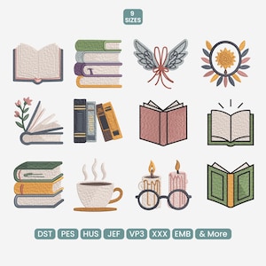 May include: A collection of embroidered designs featuring books, wings, a sunburst, a cup of coffee, candles, and glasses. The designs are in various colors and styles. The text "9 SIZES" and file formats are also included.