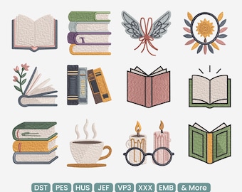Book Lover Reading Embroidery Bundle, Open Books Coffee Candle Glasses Library Embroidery Machine Set, VP3 PES JEF, 9 Sizes