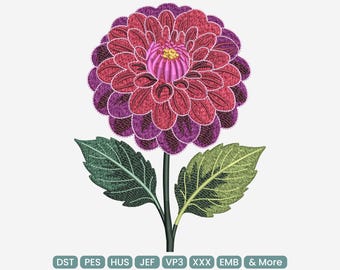 Dahlia Flower Botanical Embroidery Design, Detailed Garden Bloom Machine Embroidery Pattern – DST PES JEF, 9 Sizes