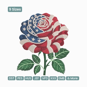 May include: Embroidered rose design in red, white, and blue, resembling the American flag. The flower has green leaves and a stem. The image includes the text "9 Sizes" and file type abbreviations.