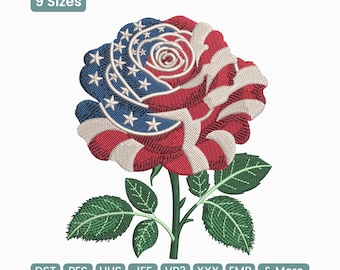 USA Rose Embroidery Design, American Flag Floral Machine Embroidery File – Multi Sizes