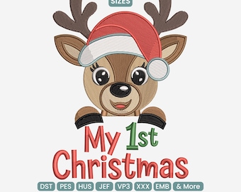 May include: A cartoon reindeer wearing a Santa hat, with the text "My 1st Christmas" in red and green. The reindeer has brown antlers, a brown face, and black hooves. The image also includes the text "9 Sizes" and various embroidery file formats.
