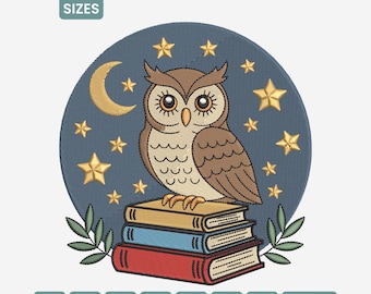 Night Owl on Books Embroidery Design, Wise Reading Owl Pattern, Machine File DST, HUS & More, 9 Sizes Included