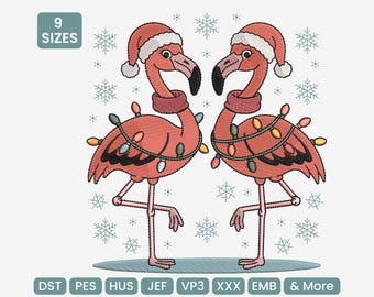 Flamingo Christmas Lights Embroidery Design – Holiday Animal Machine Embroidery File, DST, PES, JEF & More